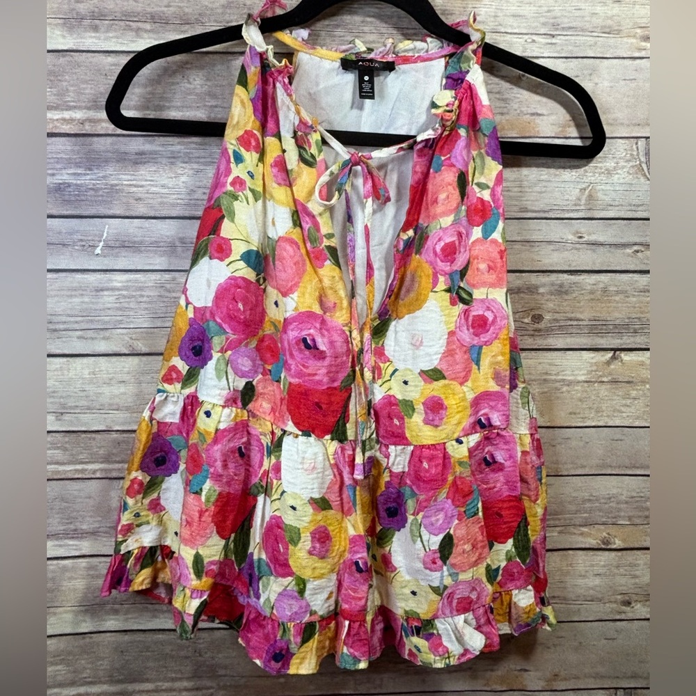 Aqua Floral Ruffled Top size Medium